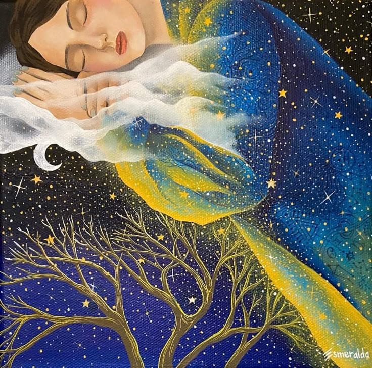 Ilustração de uma mulher adormecida envolvida por estrelas e céu noturno