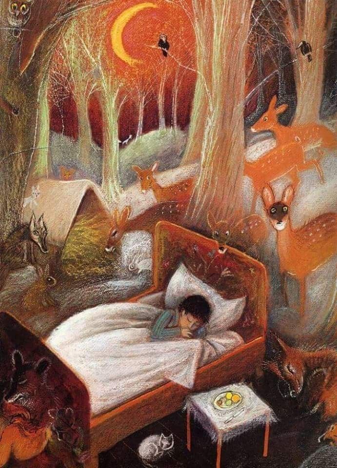 Ilustração de uma pessoa dormindo cercada por uma floresta e animais